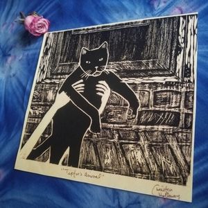 Cat Art Tiptoe Cat Folk Art Prairie Cottage Farmhouse Western Black Cat Art